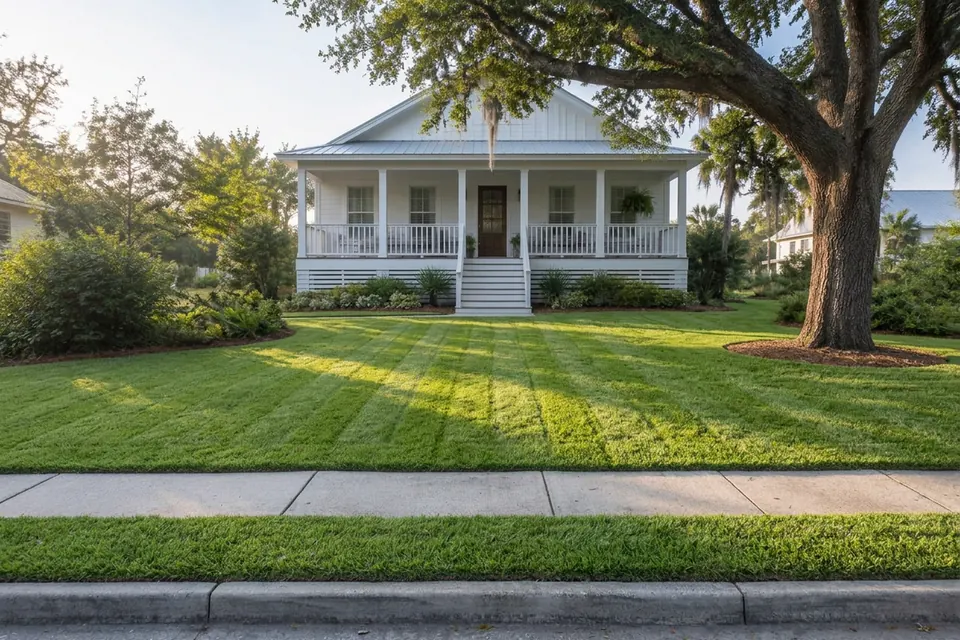 After: the same yard freshly mowed with neat stripes and clean sidewalk edges
