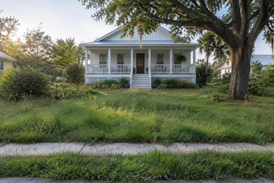 Before: overgrown front yard with grass creeping over the sidewalk