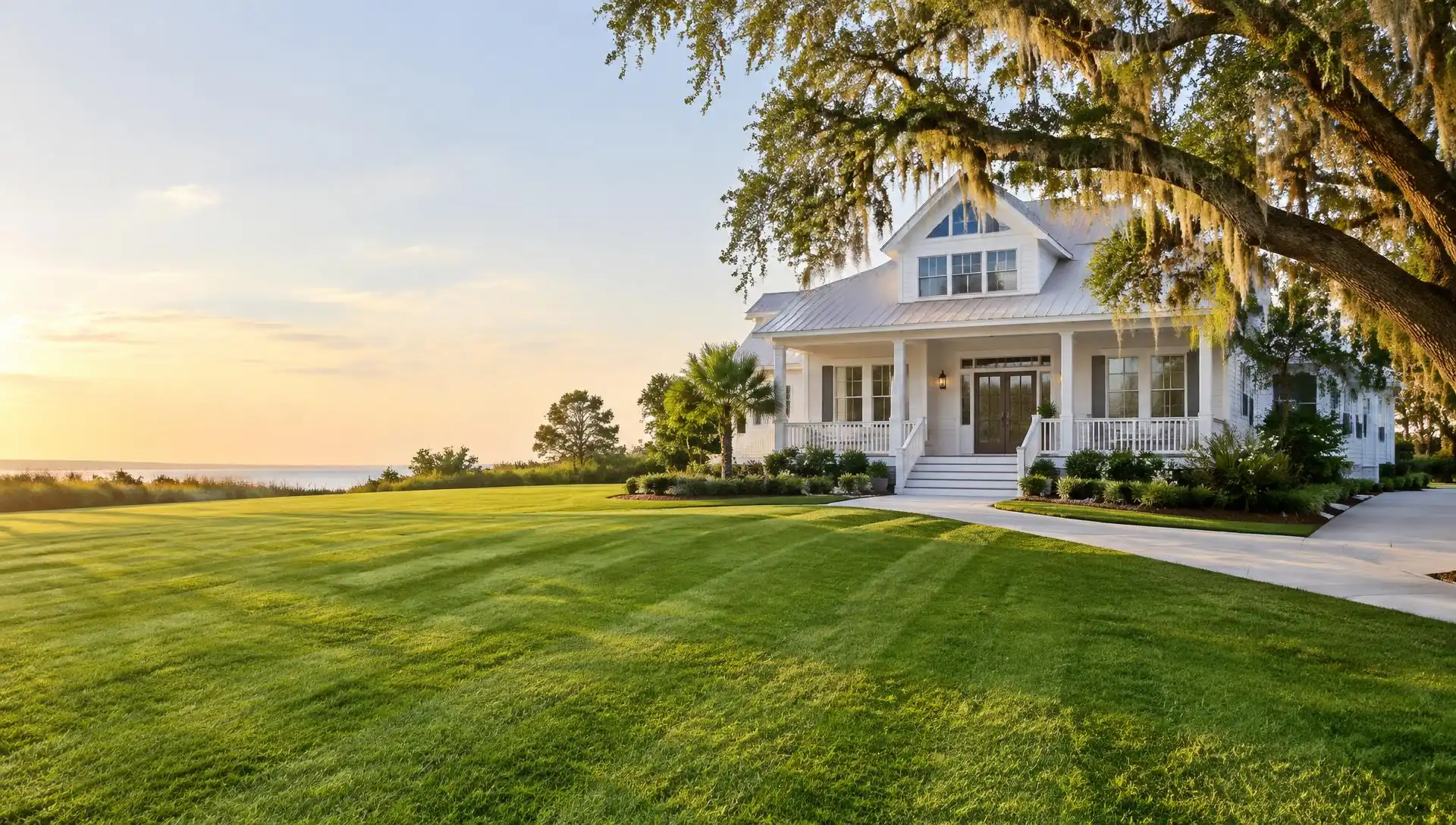 Freshly mowed front lawn with even stripes beside a Gulf Coast cottage and live oak